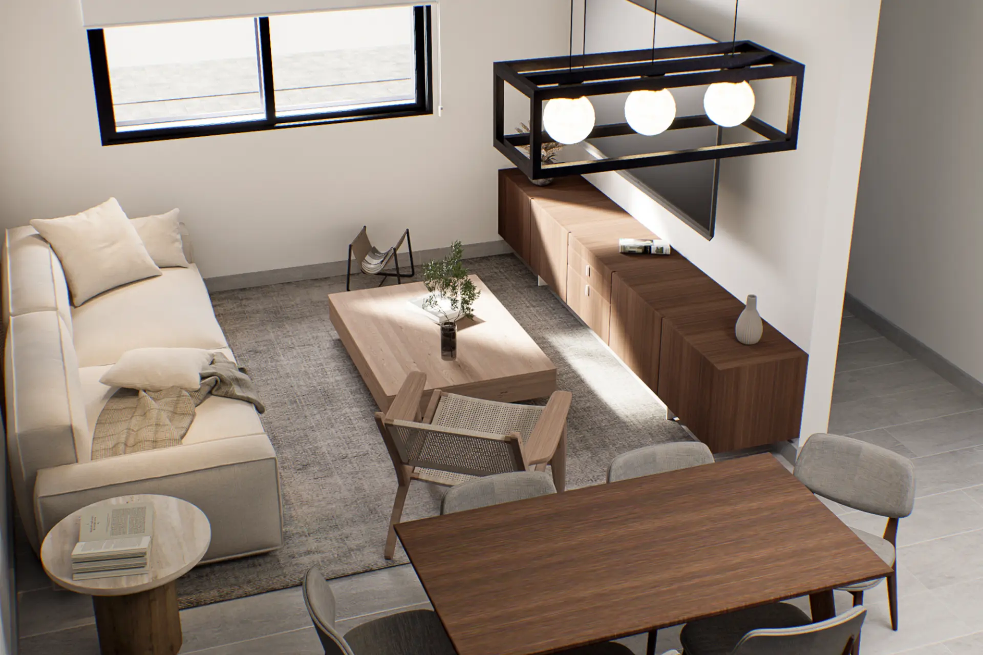 Render interior de living y comedor con madera, textiles y luz natural