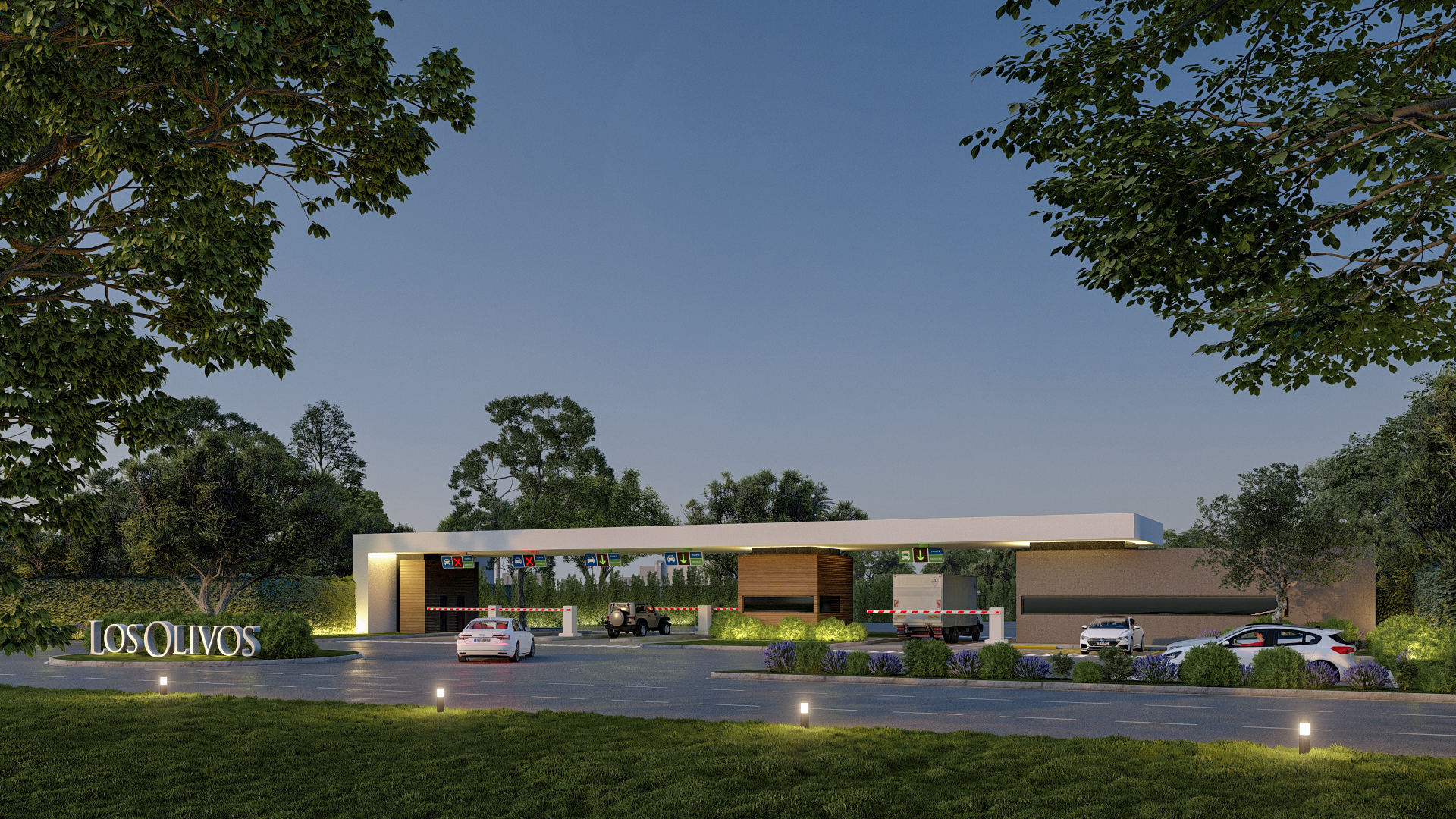 Render del acceso al desarrollo Los Olivos, con paisajismo e iluminación exterior