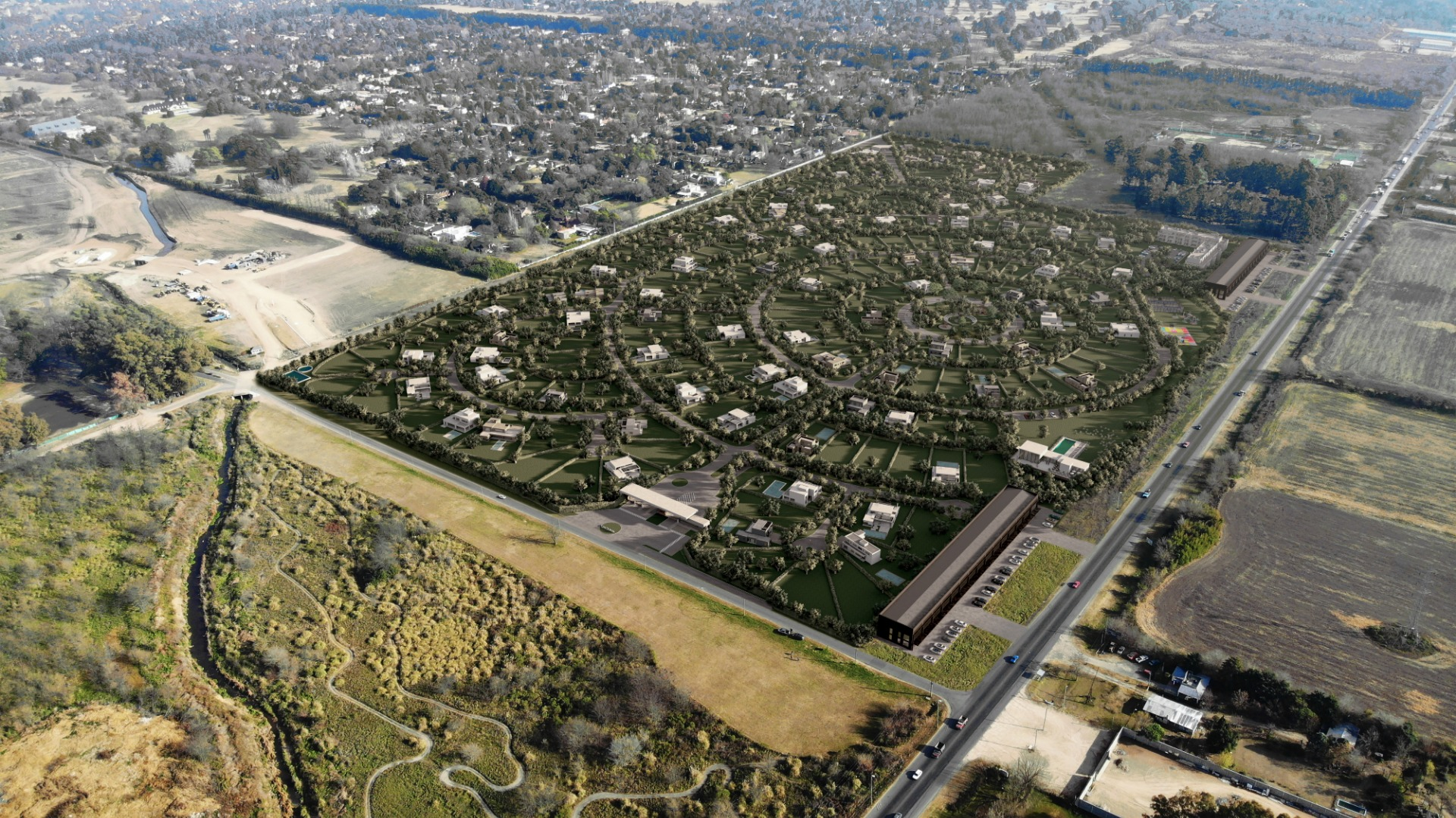 Render aéreo de un desarrollo inmobiliario con viviendas, calles y vegetación