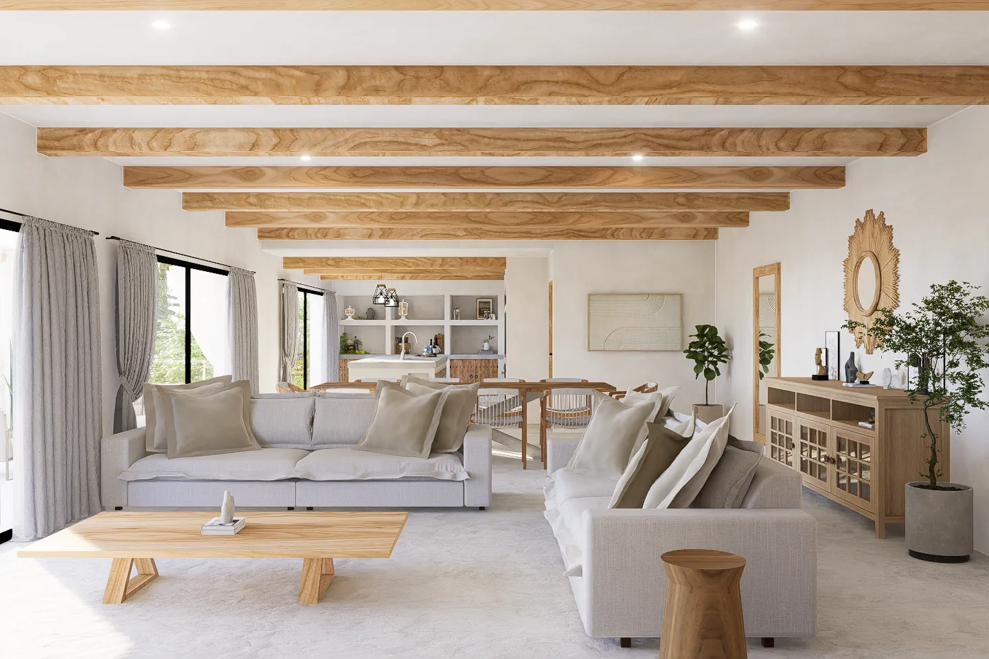 Interior con luz natural, materiales y mobiliario del portfolio de DP Renders