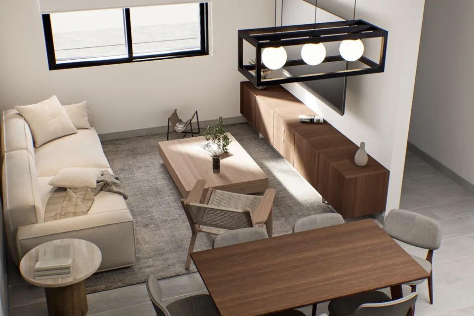 Render interior de living y comedor realizado por DP Renders